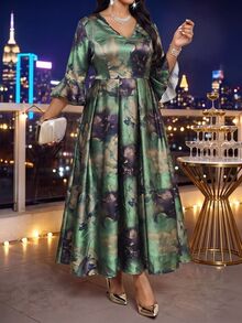 Fleurora 大尺碼優雅派對花卉印花洋裝 - 墨綠色 - 查看 6