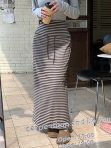 DAZY Women's Elastic Drawstring Waist Grey Plaid Knit Fabric Slim Fit Bodycon Casual Versatile Long Skirt Spring Everyday Work Fall - Grey - View 6