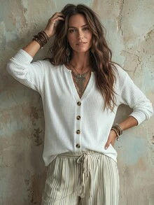 SHEIN LUNE Women's Solid Color Notch V-Neck Drop Shoulder Single-Breasted Casual Shirt - White - View 3