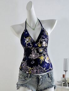 SHEIN Unity 女款深藍色亮片刺繡細肩帶露背背心，時尚性感度假上衣，亮片刺繡派對夜店夏季上衣 - 藍色 - 查看 3