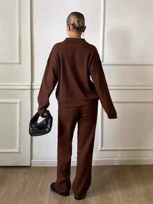 DAZY Setelan Kasual 2 Potong Wanita: Cardigan Rajut Lengan Panjang Model Bahu Longgar dan Celana Rajut Satu Kancing, Warna Polos - Coklat - View 3