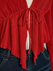 SHEIN ICON Women's Plus Size Textured Front Tie Top - Red - View 8