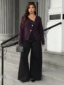 Roveilla Autumn/Winter Fashion Asymmetric Design Fitted Asymmetrical Gold Button Decor Pullover Sweater - Purple - View 5