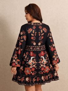 Elaquor Plus Size Vintage Fashion Floral Print Long Sleeve Dress - Multicolor - View 2