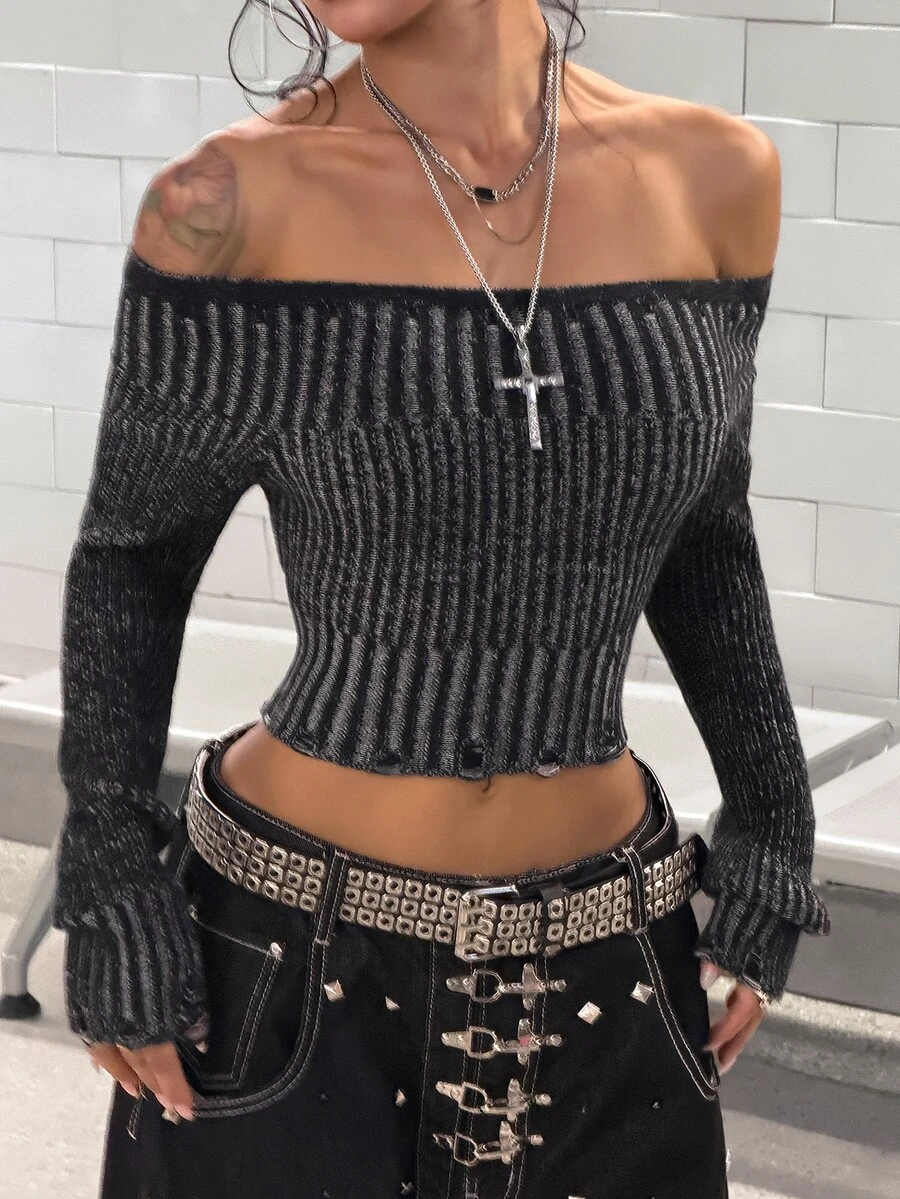 StreetHx Women's Autumn/Winter Off-Shoulder Ribbed Gradient Distressed Y2K Fitted Long Sleeve Versatile Knit Sweater - Black - View 1