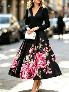 SHEIN Gaun Wanita Berpotongan V dengan Motif Bunga Besar - MultiWarna - View 3