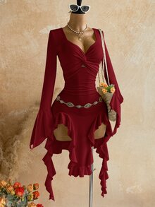 Soleia 女款時尚性感純色扭結荷葉邊中長洋裝 - 酒紅色 - 查看 5
