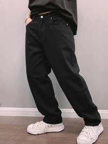 Manfinity EMRG 男士水洗黑色街頭風寬鬆直筒牛仔長褲 - 黑色 - 查看 3