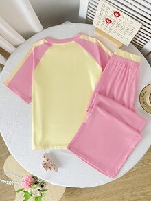 SHEIN Tween Girl 女孩 2 件組休閒套裝，修身圓領短袖針織上衣，拼色拼接設計，Y2K 風格 - 粉色 - 查看 3