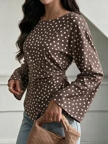 Elenzga 女款棕色配白色波點純棉裹身上衣，喇叭長袖綁腰不對稱下擺，復古柔美風，休閒通勤約會襯衫 - 彩色 - 查看 4