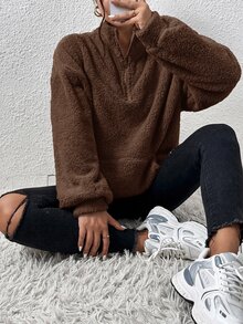 SHEIN EZwear 女款純色落肩長袖半拉鍊口袋休閒運動衫 - 棕色 - 查看 5
