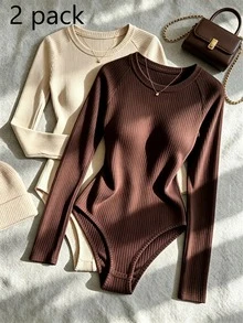 SHEIN Franclia Fall/ Bodysuit Innerwear Casual Everyday Comfortable Fabric Basic Round Neck Long Sleeve Chocolate Brown Beige Social Formal Festival Outfits House - Multicolor - View 1