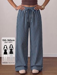 SHEIN PETITE Women's Casual Striped Pants, Clothing, Fall Wear Beach Blue White Stripe - Navy Blue - View 3