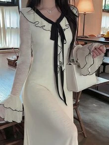 DAZY White Contrast Black Trim Ruffle Collar Tie Bow Bell Sleeve Elegant Knit Dress Fall Long Sleeve Tops - Apricot - View 2