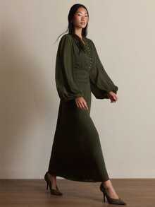 COSMINA Women's Solid Color Pleated Casual Party Dress - Dark Green - View 4