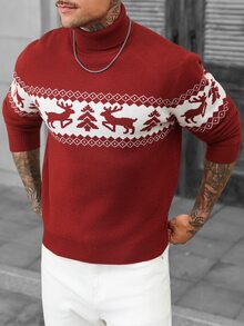 Manfinity CasualCool Men's Red Christmas Jacquard Turtleneck Sweater With Reindeer And Christmas Tree Pattern, Holiday Long Sleeve Knit Pullover, Old Money - Red - View 6