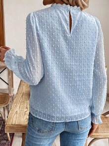 SHEIN Frenchy 瑞士波點荷葉袖蕾絲拼接布料拼接襯衫 - 淺藍色 - 查看 2
