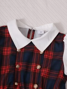 SHEIN Elladie kids 女童格紋 2 合 1 連身裙，紅藍配色拼色格紋雙排扣泡泡袖，甜酷復古學院風日常通勤收腰 A 字中長洋裝 - 酒紅色 - 查看 7
