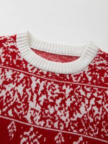 SHEIN Christmas Snowflake Pattern Knit Mini Dress Crew Neck Long Sleeve Bodycon Sweater Dress - Red and White - View 5