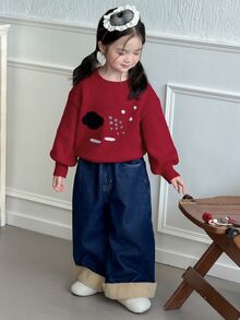 Dazy Kids 女童對比色圓領落肩長袖休閒針織衫 - 紅色 - 查看 5