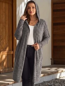 EMERY ROSE Jaket Lengan Panjang Berkerudung Ukuran Besar Warna Abu-abu Polos dengan Patchwork Renda Bergaris dan Kantong, Koleksi Musim Gugur/Musim Dingin 2026 - Grey - View 6