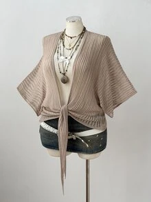 Sunspun Relaxed Tone Loose Batwing Sleeve Ribbed Hollow Out Tie-Up Shawl Knit Cardigan Fall - Apricot - View 4