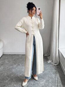 Elenzga Elegant Ru Yi Button Hem Side Slit Long Sleeve Cardigan For Women - Apricot - View 5