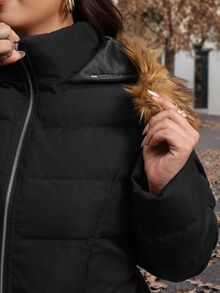 Reflora Plus Size Winter Fur Collar Hooded Warm Jacket - Black - View 8