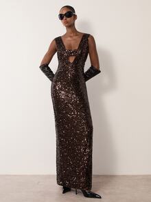 MERLEAU Women's Modern Dark Brown Sequin Dress - Brown - View 6