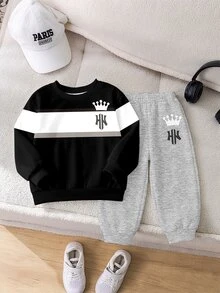 2pcs Kids Black & Grey Crown NY Letter Print Fleece Crew Neck Sweatshirt & Matching Print Sweatpants Set, Colorblock Striped Design, Sports Outdoor Casual, Suitable For Autumn/Winter - Multicolor - View 2