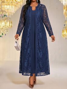 Fleurora Plus Size Women Solid Color Spaghetti Strap Dress And Lace Cardigan Fashion 2 Pieces Set - Navy Blue - View 2