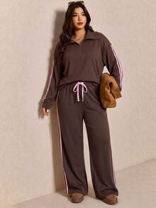 Elaquor Plus Size Women's Side Stripe Zipper Design Sweatshirt And Wide Leg Pants Casual 2 Pieces Set - Coffee Brown - View 6