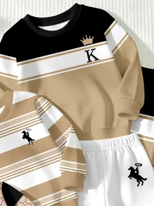 Randomly Ships 1 Of 3 Sets, 2-Piece Set, 3 Sets Of Striped Randomly Shipped 1 Set, Fleece Striped Color Block, Casual Fashion Sports Style Classic 3 Sets Color Block Patchwork King Letter, Knight Logo Print Crew Neck Sweatshirt And Matching Long Pants Set - Multicolor - View 3