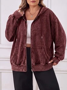 SHEIN CURVE+ 大尺碼開襟拉鍊式水洗布料長袖運動衫，黑色休閒套頭衫，2026 22W - 酒紅色 - 查看 4