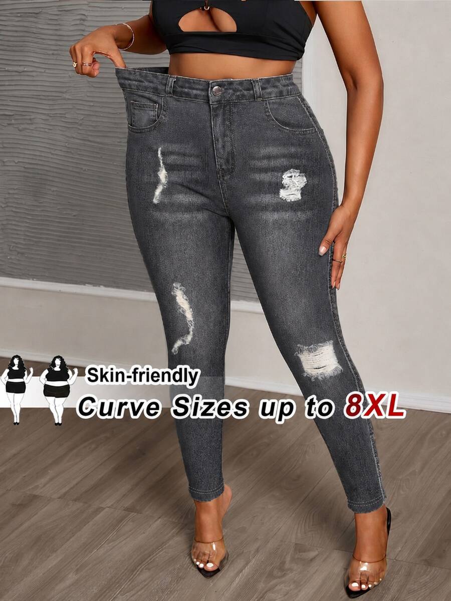 SHEIN CURVE+ 大尺碼休閒口袋鈕扣磨損設計修身長褲 日常穿著 2026 秋冬 22W - 灰色 - 查看 1
