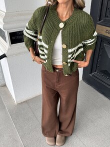 Pariaura American Style Contrast White Striped Slouchy Chunky Knit Round Neck Metal Button Lantern Sleeve Short Button-Up Cardigan - Army Green - View 4