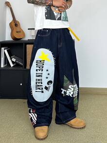 STEELVANCE Streetwear Vintage Fashion Versatile Distressed Washed Rivet Print Design Loose Straight Wide Leg Casual Denim Jeans (Belt And Accessories Not Included) - Blue - View 4
