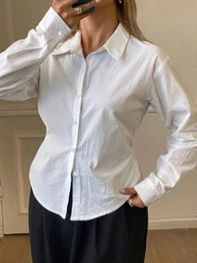 Dazy Plus Solid Color Fitted Waist Long Sleeve Collared Elegant Formal Spring Summer Autumn Blouse White Shirt - White - View 3