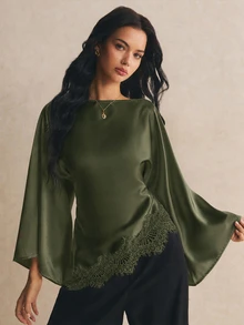 Poéselle 女款蕾絲拼接休閒百搭日常穿著襯衫 - 軍綠色 - 查看 1