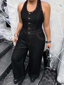 Jeanoix Y2K Plus Size Women's Outdoor Fashion Metal Rivet Button Decor Street Style Blue Black Denim Jumpsuit - Dark Wash - View 4
