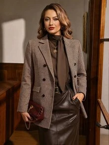 Auvina Plus Size Women's Plaid Casual Commute Travel Long Sleeve Blazer Suit Set - Multicolor - View 4