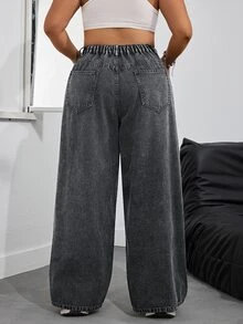 SHEIN PETITE CURVE 大尺碼女款休閒日常牛仔褲，附口袋與鈕扣設計 - 灰色 - 查看 2