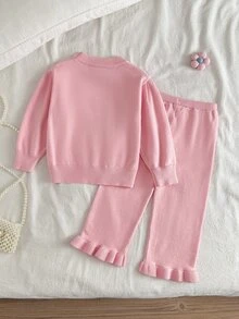 SHEIN Baby Girl Sweater Set, Light Pink Round Neck Top With 3D Floral And Twisted Letter Design + Coffee Flared Pants, Matching Soft Knit, Family Autumn - Baby Pink - View 2