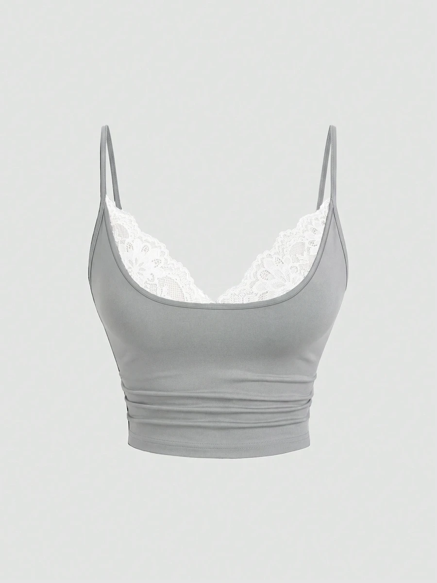 Sweetra Plus Size Women's Sexy Minimalist Sexy Style Lace Patchwork Camisole Top With Backless Design, Slimming Fit - Grey - View 1