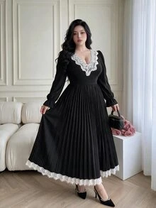 Vibekara Plus Size Women's Lace Patchwork Pleated Elegant Waist-Cinching Party Dress Fall - Black - View 1