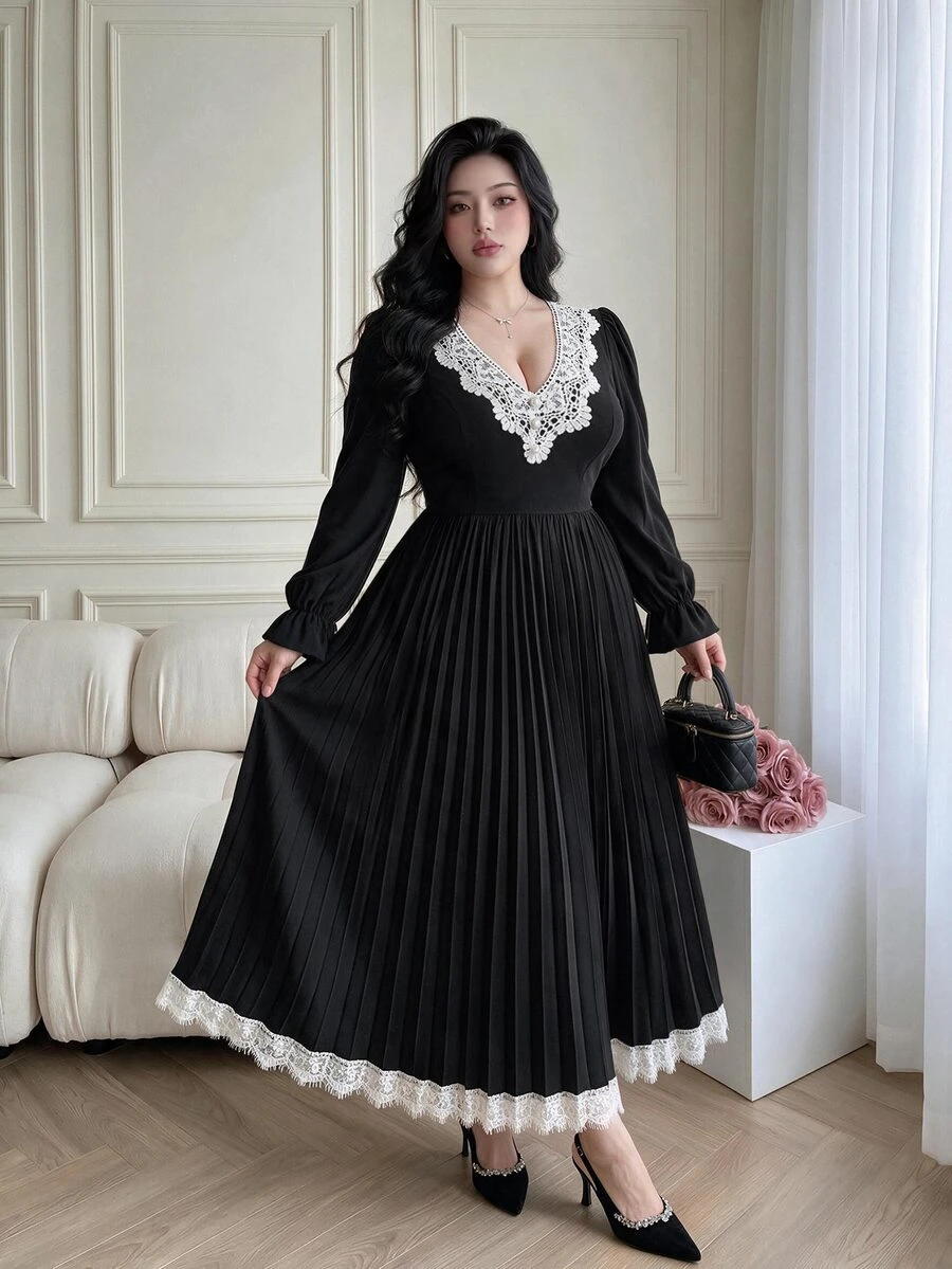 Vibekara Plus Size Women's Lace Patchwork Pleated Elegant Waist-Cinching Party Dress Fall - Black - View 1