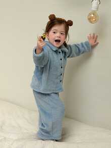 DAZY Infant/Toddler (Girl) Collared Comfortable Long Sleeve & Long Pants 2 Pieces Set Loungewear, Autumn/Winter - Blue - View 5