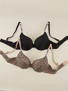 Bralution 2pcs Leopard Print Underwire Push-Up Bra With Rhinestone Straps, Sexy Elegant Supportive Comfortable Daily Plus Size Bra & Wireless Bra - Multicolor - View 2