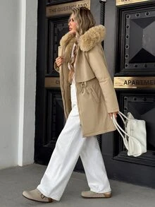 Pariaura Jaket Parka Kerah Bulu Baru untuk Wanita, Mantel Berbantalan Pinggang yang Modis dan Serbaguna - Khaki - View 4