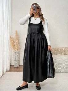 SHEIN CURVE+ Plus Size Summer Casual Solid Color Spaghetti Strap Dress - Black - View 3